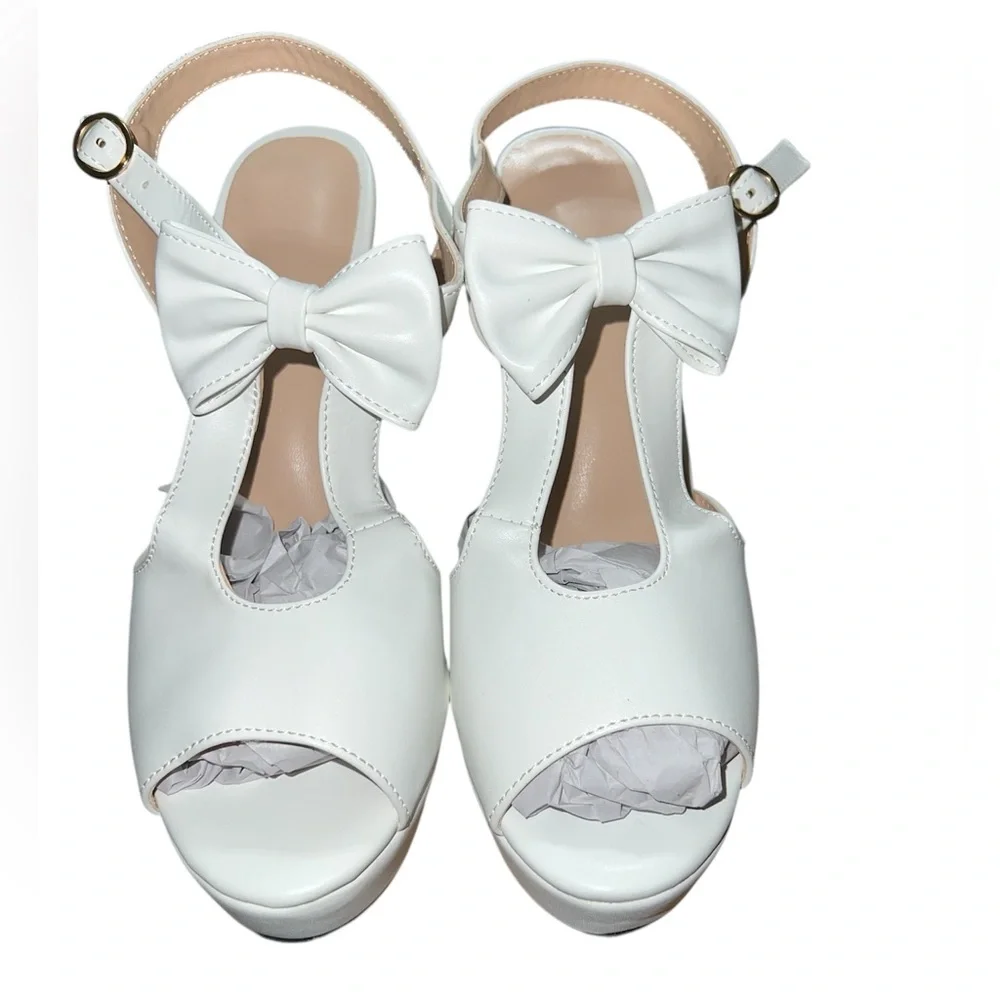 New Elegant white Pump hi heels Peep-Toe Bow platform heels party wedding office - Picture 3 of 13